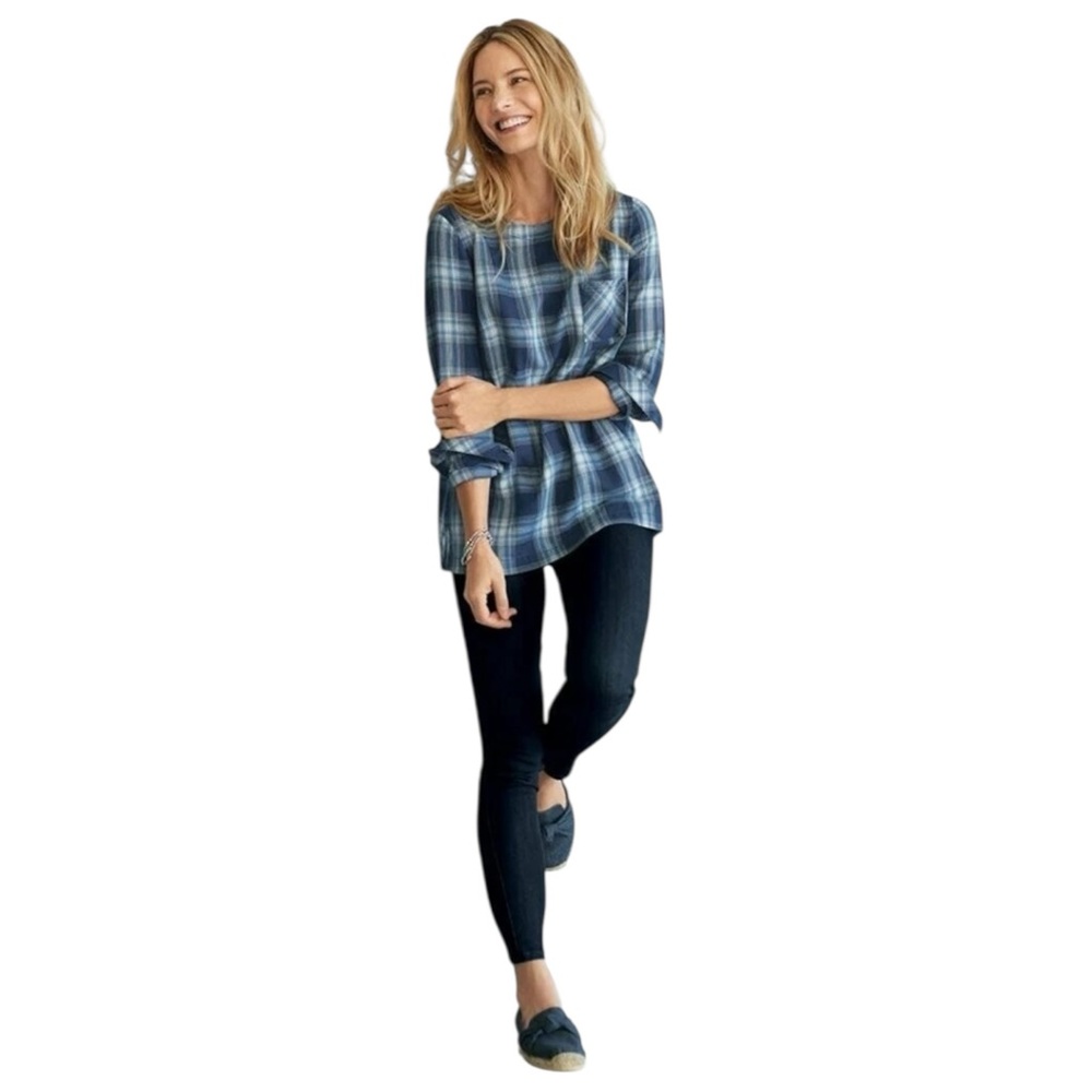 J Jill Blue Plaid Top Womens M Round Neck Long Sleeve Back Buttons Blouse EUC